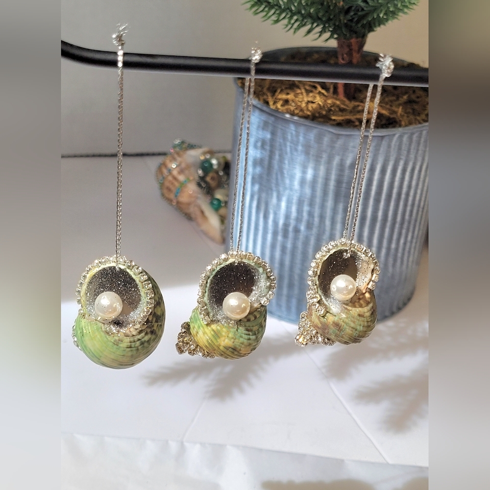 Handmade Green Shell Ornaments Set Of 3